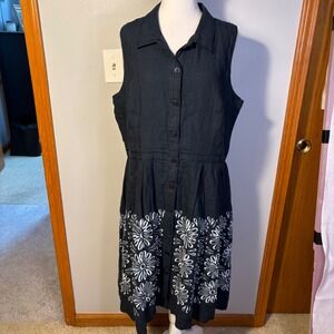Oscar de la Renta vintage linen navy blue Sleeveless Dress‎ Size 16 Embroidered